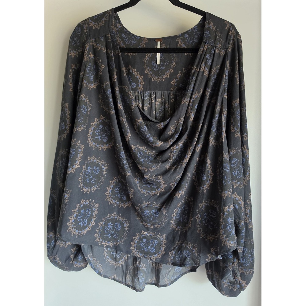 Free People Blouse M Floral Cowl Neck Long Sleeve Black Blue Boho Top Shirt - Picture 1 of 5